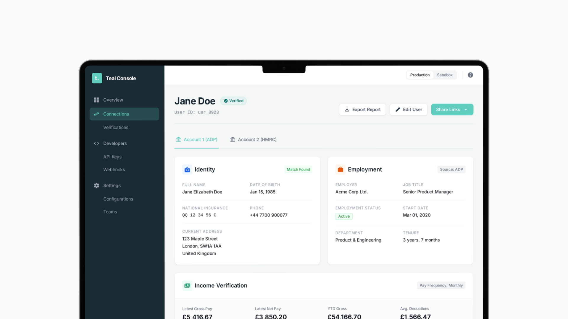 Teal Console Dashboard